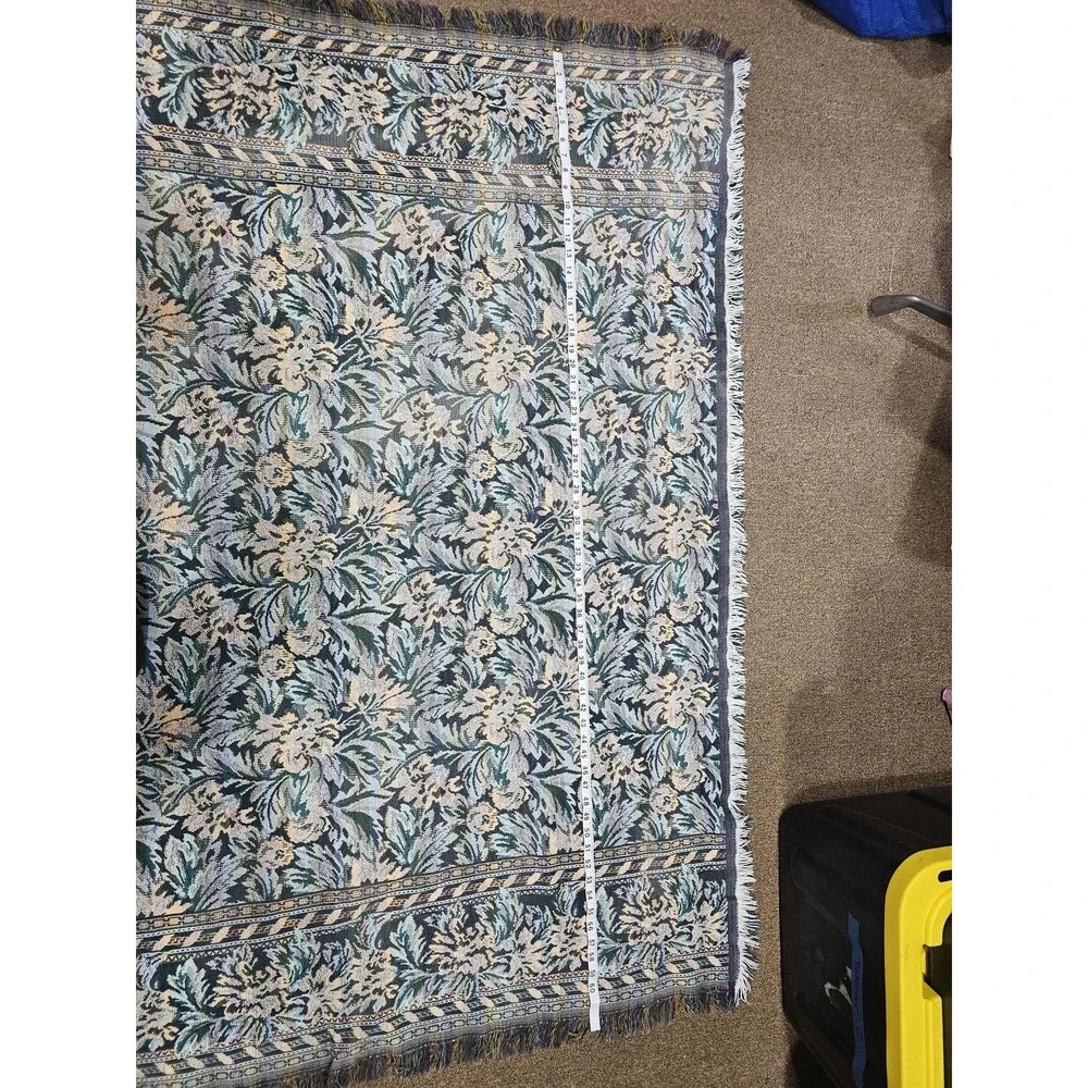Goodwin‎ Weavers Throw Blanket ~ 50x63 Blue Floral Cotton Fringe Reversible USA